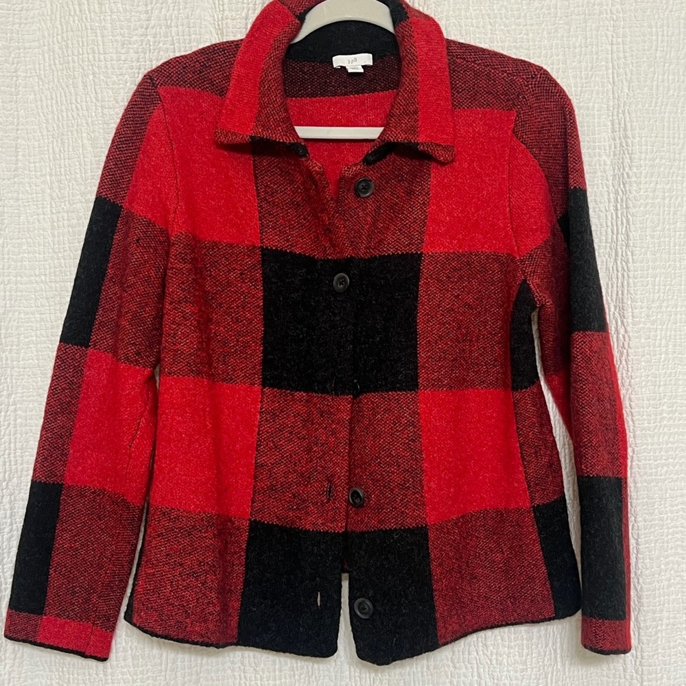 J.Jill Red & Black Buffalo Plaid Button-Front Blazer/Cardigan Style,Winter Ready